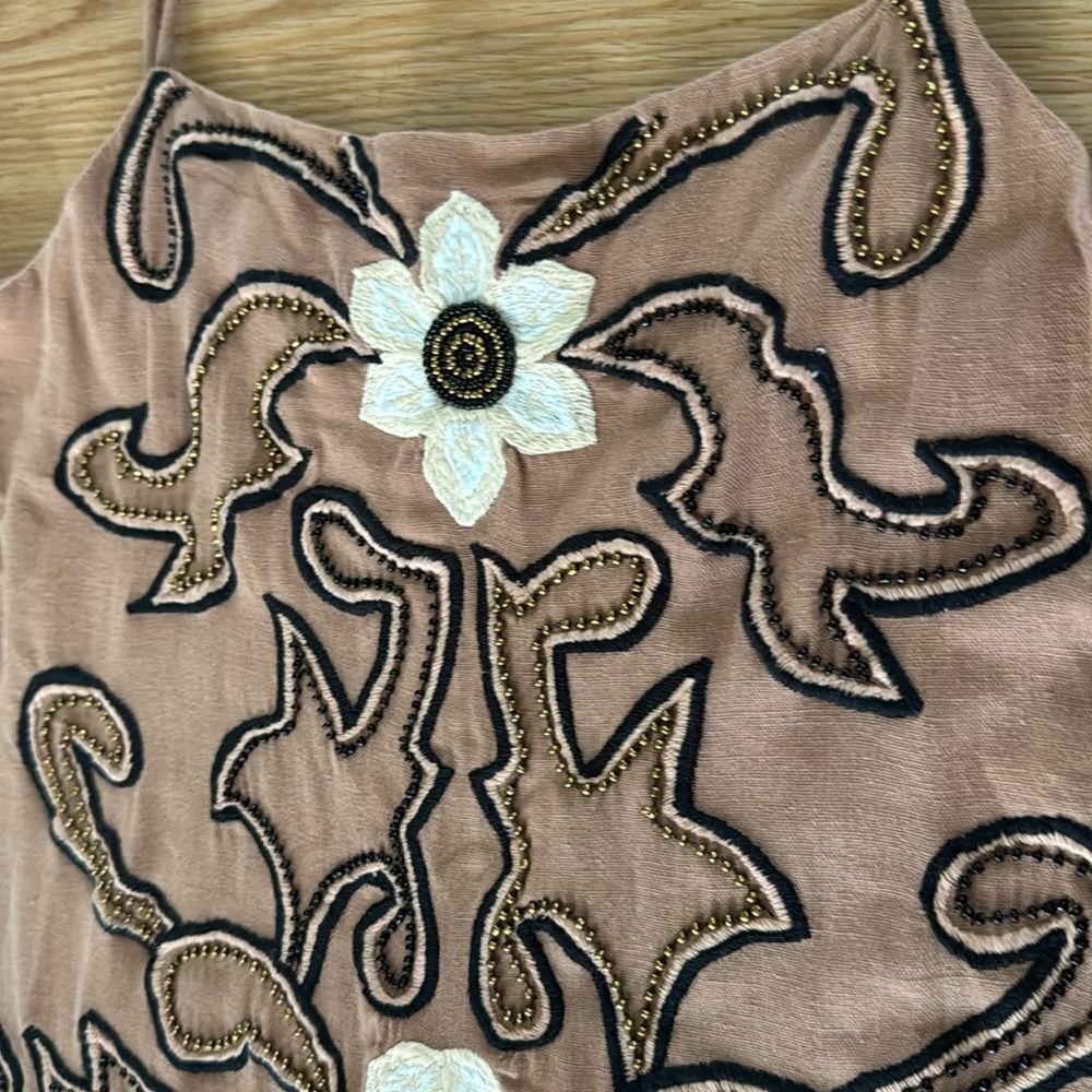 Anthropologie Brown and Cream Floral Embroidered Mini Dress - Picture 6 of 8